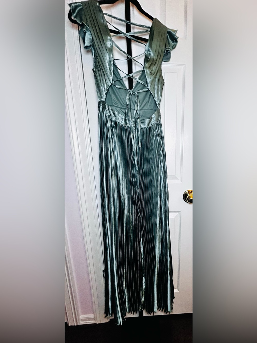 Exceptional Drama Sage Green Satin Lace-Up Pleated Maxi Dress Small NWOT - Picture 7 of 13